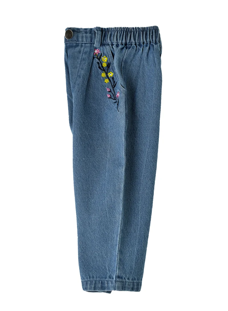 Jelliene Girls Denim Pants with Floral Embroidery