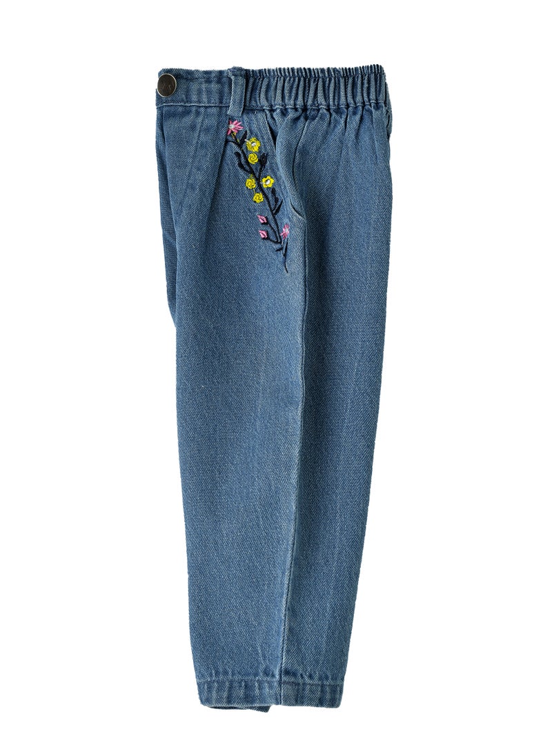 Jelliene - Girls Denim Pants with Floral Embroidery - Image 1