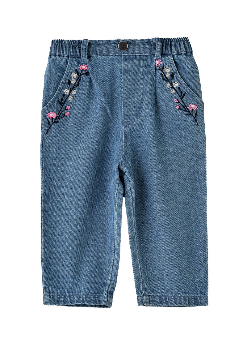 Jelliene - Girls Denim Pants with Floral Embroidery - Image 1