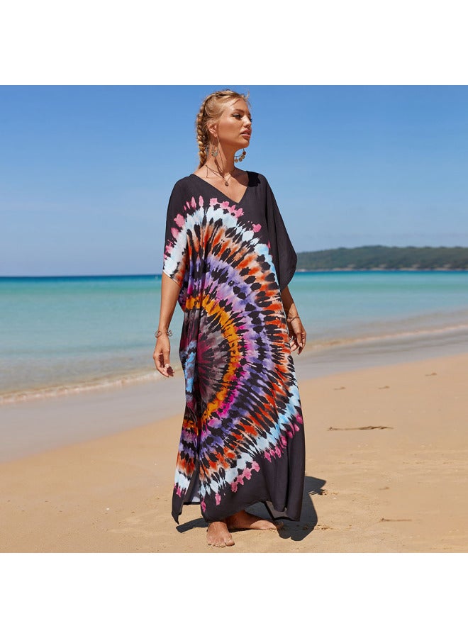 Loquat European And American Rayon Tie-dyed Beach Blouse Robe Loose Seaside Vacation Sun Protection Clothing Bikini Swimsuit Outer Wear-Color:11-semicircle- - Image 1