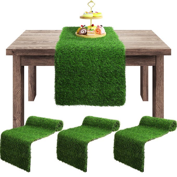 3 PIECES ARTIFICIAL GRASS TABLE RUNNERS SYNTHETIC GREEN CARPET TABLECLOTH TABLETOP DECORATION FOR SPRING FALL SUMMER HOLIDAY BABY SHOWER BIRTHDAY WEDDING BANQUET 3 14 X 72 INCH