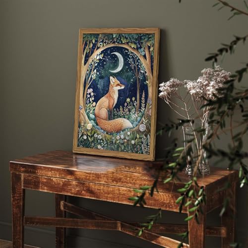 Hwetui Framed 3D Textured Vintage Wall Art Cottagecore Hand Drawn Sandstone Fox Paintings Wall Decor Whimsical Forest Animal Floral Botanical Aesthetic for Bedroom Living Room Nursery 12x16 inch - Image 3