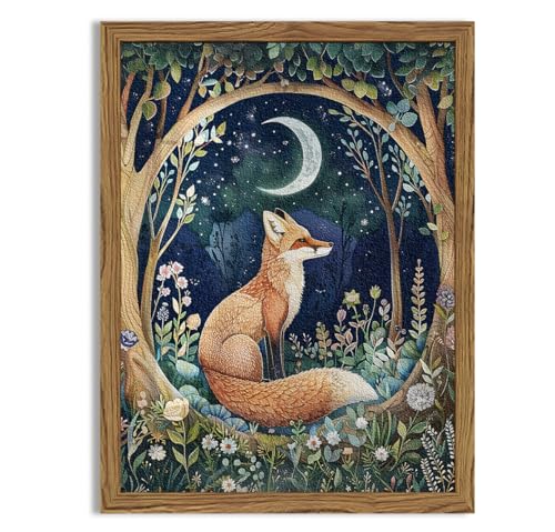 Hwetui Framed 3D Textured Vintage Wall Art Cottagecore Hand Drawn Sandstone Fox Paintings Wall Decor Whimsical Forest Animal Floral Botanical Aesthetic for Bedroom Living Room Nursery 12x16 inch - Image 1