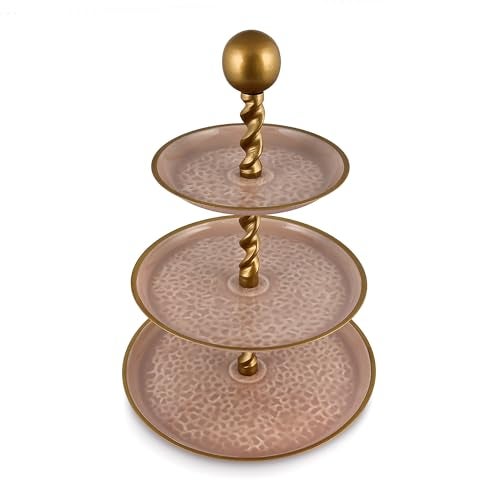 Elan Panthera Embossed Knob 3 Tier Round Midl Steel Cupcake Stand, Multipurpose Serving Dessert Platter for Party Wedding (Dusty Rose) - Image 5