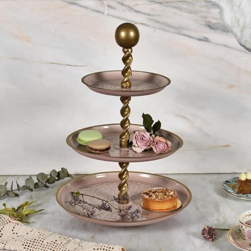 Elan Panthera Embossed Knob 3 Tier Round Midl Steel Cupcake Stand, Multipurpose Serving Dessert Platter for Party Wedding (Dusty Rose) - Image 1