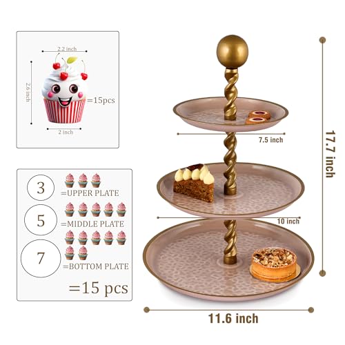 Elan Panthera Embossed Knob 3 Tier Round Midl Steel Cupcake Stand, Multipurpose Serving Dessert Platter for Party Wedding (Dusty Rose) - Image 2
