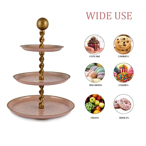 Elan Panthera Embossed Knob 3 Tier Round Midl Steel Cupcake Stand, Multipurpose Serving Dessert Platter for Party Wedding (Dusty Rose) - Image 3
