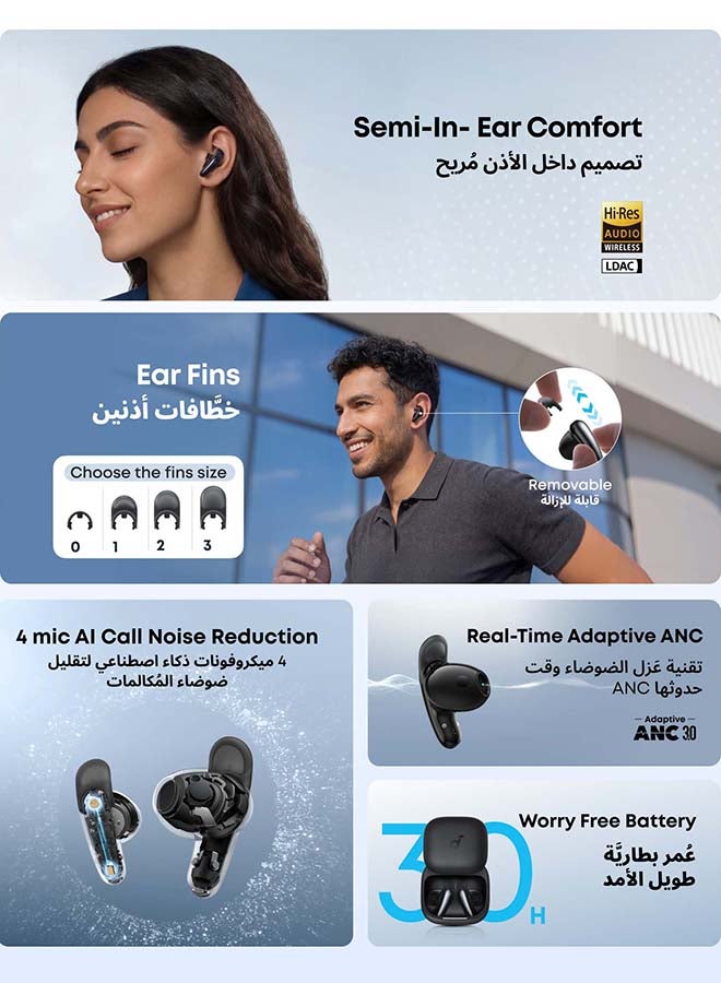Soundcore Liberty Buds by Anker, Semi-in-Ear Design, Removable Ear Fins, Real-Time Adaptive Noise Cancelling, Fast Charging, Wireless Bluetooth Earbuds,Translation Earbuds, 30H Playtime black - Image 2