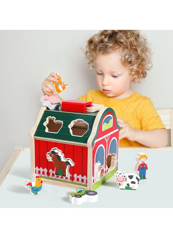 MIXDE Wooden Take-Along Sorting Barn Toy with Flip-Up Roof and Handle, 10 Wooden Farm Play Pieces - Farm Toys, Shape Sorting And Stacking Learning Toys For Toddlers And Kids Ages 2+  - Image 1