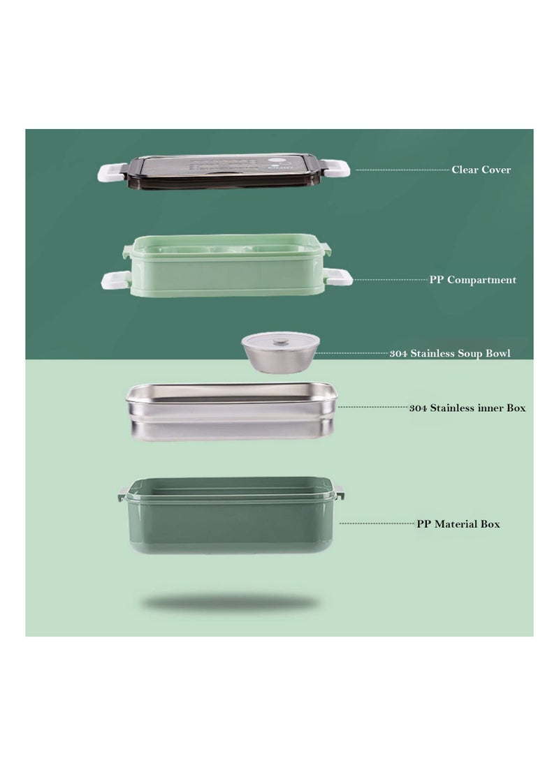 Bento Lunch Box, 2 in 1 Stainless Lunch Box Leak-Proof Versatile 3 Compartment Food Containers Adults On-the-Go Balanced Eating Boxes with Sauce Container, Cutlery & Chopsticks, BPA Free Green