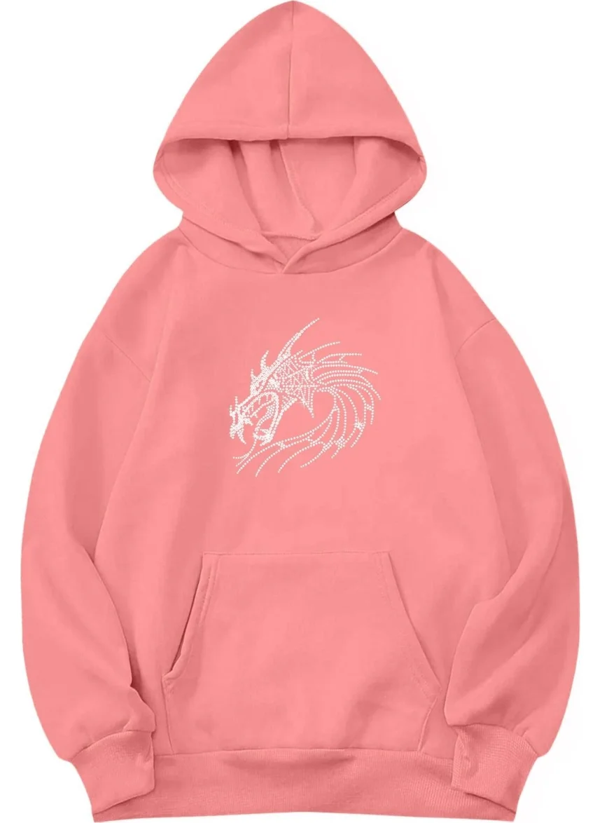 BRZ Collection Unisex Oversize Dragon Crystal Stone Printed Hoodie Pink
