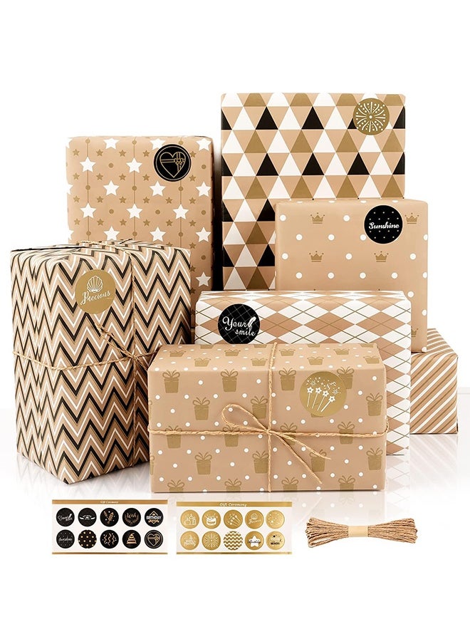 Peachjoy Gift Wrapping Paper, Happy Birthday Wrapping Paper, 8 Sheets Brown Wrapping Paper with Stickers Paper Rope, Kraft Wrapping Paper for Birthday Graduation All Occasion for Men Women Boys Girls, 50X70CM  - Image 1