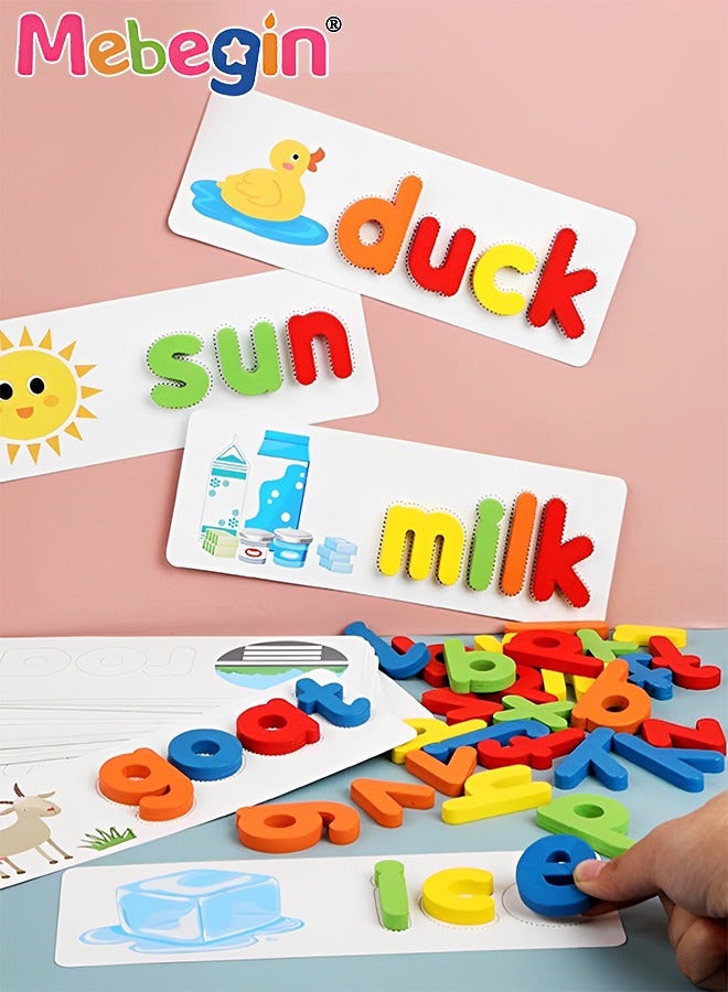 Wooden Toddler Learning Toy, Matching Alphabet Word Game with 56 Different Words on 28 Double-sided Cognitive Cards, Letter Jigsaw Puzzle Toys for Kid's Spelling