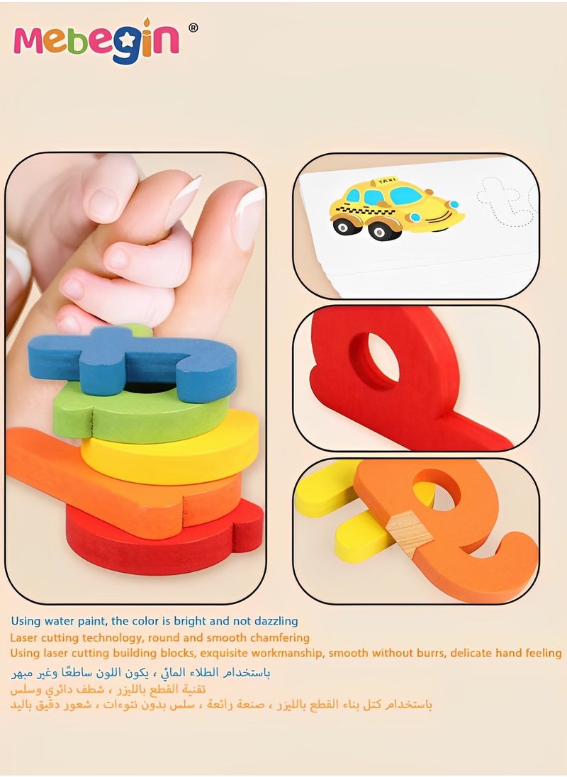 MEBEGIN - Wooden Toddler Learning Toy, Matching Alphabet Word Game with 56 Different Words on 28 Double-sided Cognitive Cards, Letter Jigsaw Puzzle Toys for Kid's Spelling - Image 1
