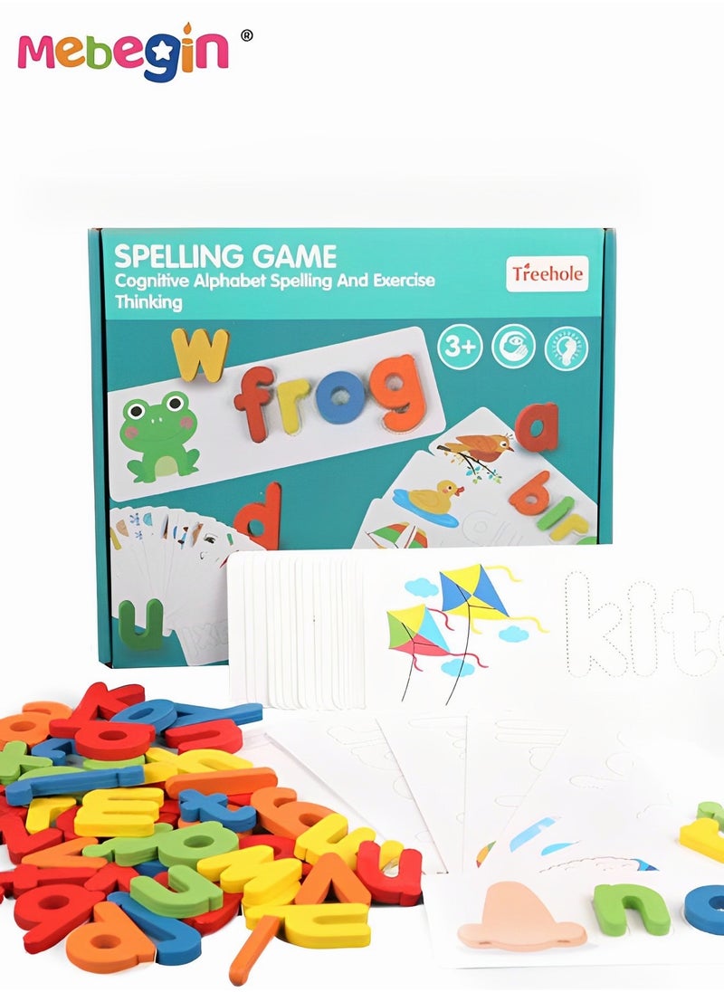 MEBEGIN - Wooden Toddler Learning Toy, Matching Alphabet Word Game with 56 Different Words on 28 Double-sided Cognitive Cards, Letter Jigsaw Puzzle Toys for Kid's Spelling - Image 1