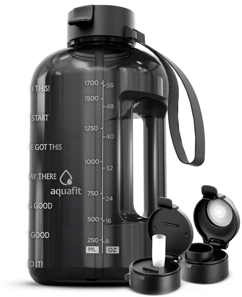 AQUAFIT Half Gallon Water Bottle with Time Marker - Straw & Chug Lid - BPA Free Gym Water Bottle with Straw - Big Gallon Jug (Gray, 64 oz - 2 Lids) - Image 1