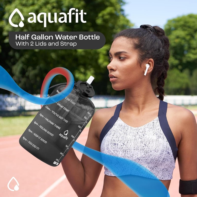 AQUAFIT Half Gallon Water Bottle with Time Marker - Straw & Chug Lid - BPA Free Gym Water Bottle with Straw - Big Gallon Jug (Gray, 64 oz - 2 Lids) - Image 3