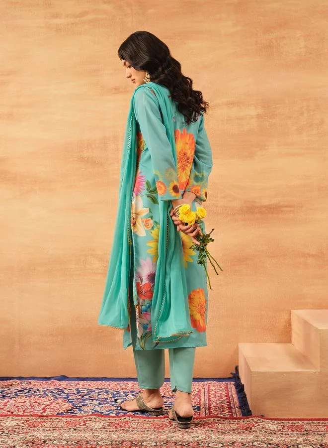 آي شين Women's Sky Blue Chinon Printed Tunic Top With Ankle Palazzo Straight 3 Peice Kurta Set