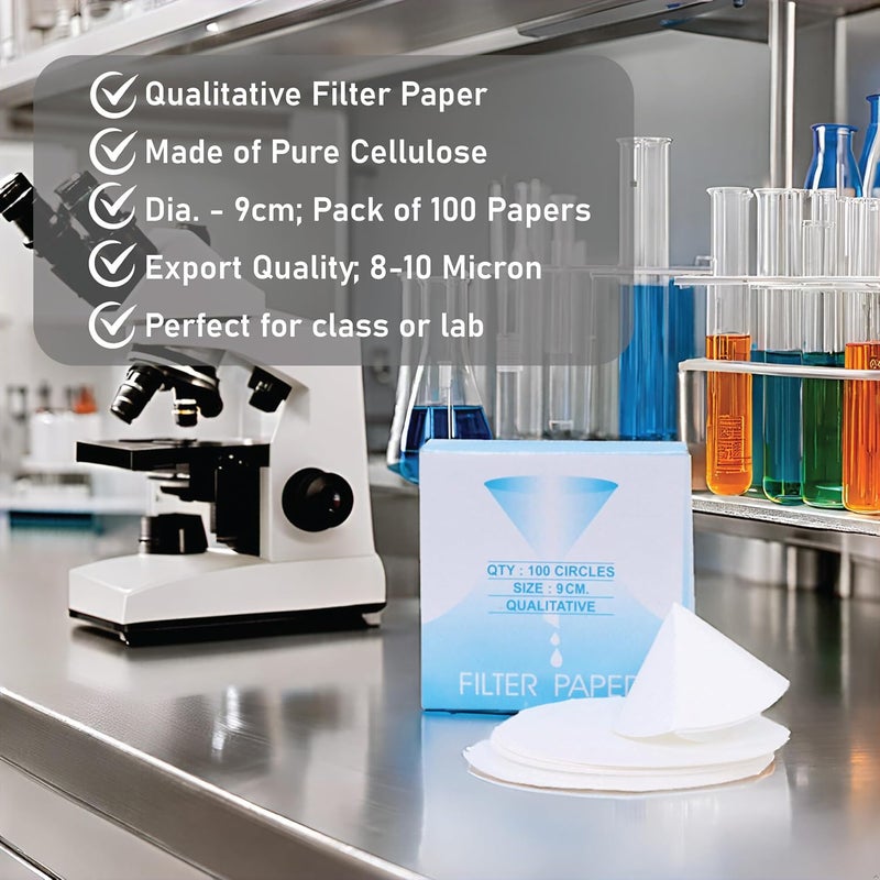 EISCO عبوة من 100 ورقة فلتر نوعية ممتازة - 9 سم، 8-10 ميكرون، ورق مختبر عالي النقاء للكيمياء، ترشيح السوائل، التجارب العلمية، البحث، الفصول الدراسية وأنشطة STEM - Image 5