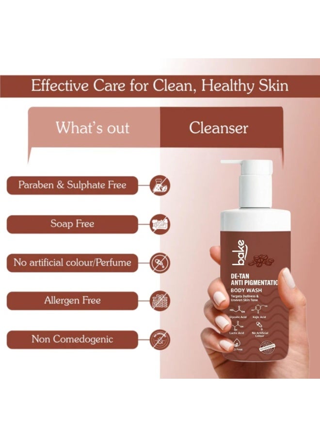 BAKE De-Tan Anti Pigmentation Coffee Body Wash with Kojic Acid, Glycolic Acid, Lactic Acid for Dark Spots, Pigmentation, Tanning & Tan Removal | For Men & Women | 300ml - Image 4
