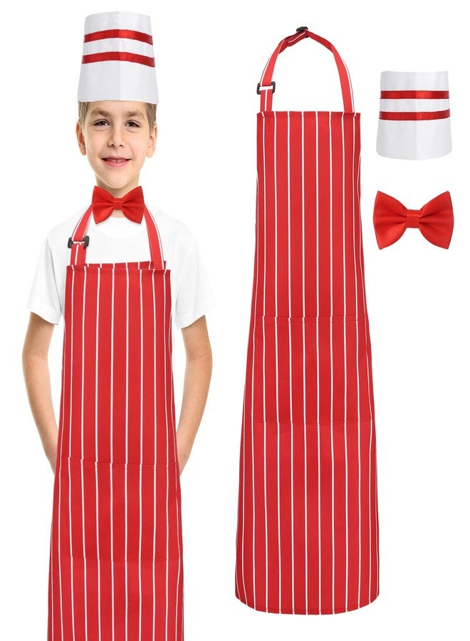 XLSXEXCL 1950s Waiter Costume Kit, Soda Jerk Costume Kit, Red and White Striped Apron with 2 Pockets, Chef Hat Red Bow Ties Adjustable for Kid Costume Cosplay Party (45x65cm) - Image 1