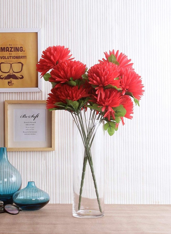 Fourwalls Polyester Fabric and Plastic Artificial Chrysanthemum Flower Bunches (15 cm x 15 cm x 50 cm, Red, Set of 2)