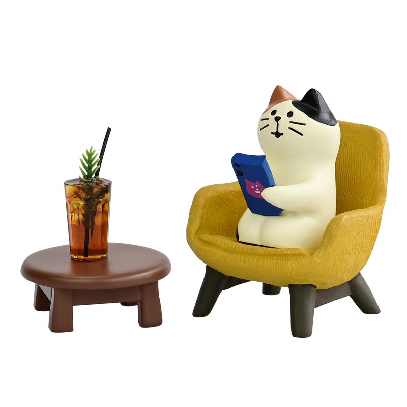 Mevodeata Cute Cat Playing Phone on Sofa and Drinking Coffee Figurine for Office Home Decor - Cute Cat Gift for Cat Lovers - Image 1
