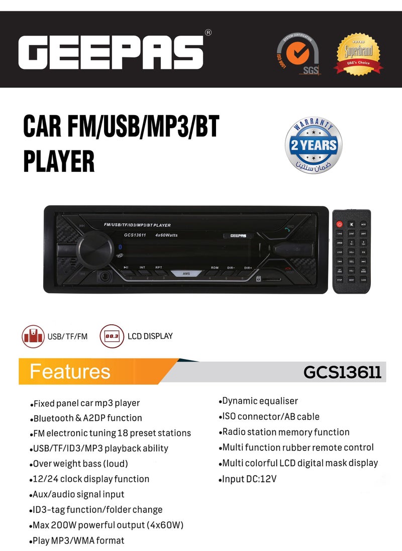 مشغل FM/USB/MP3/BT للسيارة، شاشة LCD، GCS13611، موازن ديناميكي، وظيفة ذاكرة محطة الراديو، جهاز تحكم عن بعد مطاطي متعدد الوظائف، شاشة عرض قناع رقمية LCD متعددة الألوان - pzsku/ZBCCC8D3003814C93C974Z/45/_/1691757160/a8f00fec-2ba4-4c80-b358-5913dcde7068