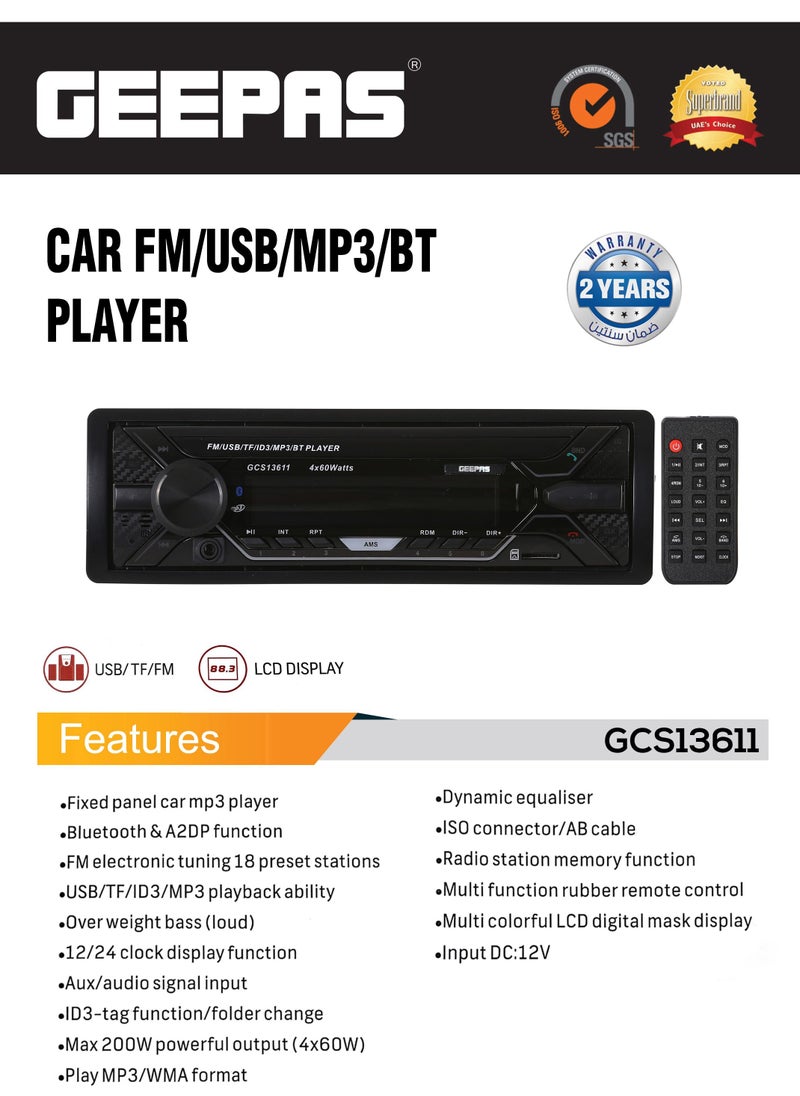 Car FM/USB/MP3/BT Player, LCD Display, GCS13611, Dynamic Equaliser, Radio Station Memory Function, Multi-Function Rubber Remote Control, Multi Colourful LCD Digital Mask Display