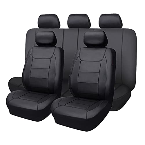 Flying Banner car seat Covers Protects Water Proof Faux Leather Carbon Fiber Front and Rear Bench Black Black Full Set  9PCS
