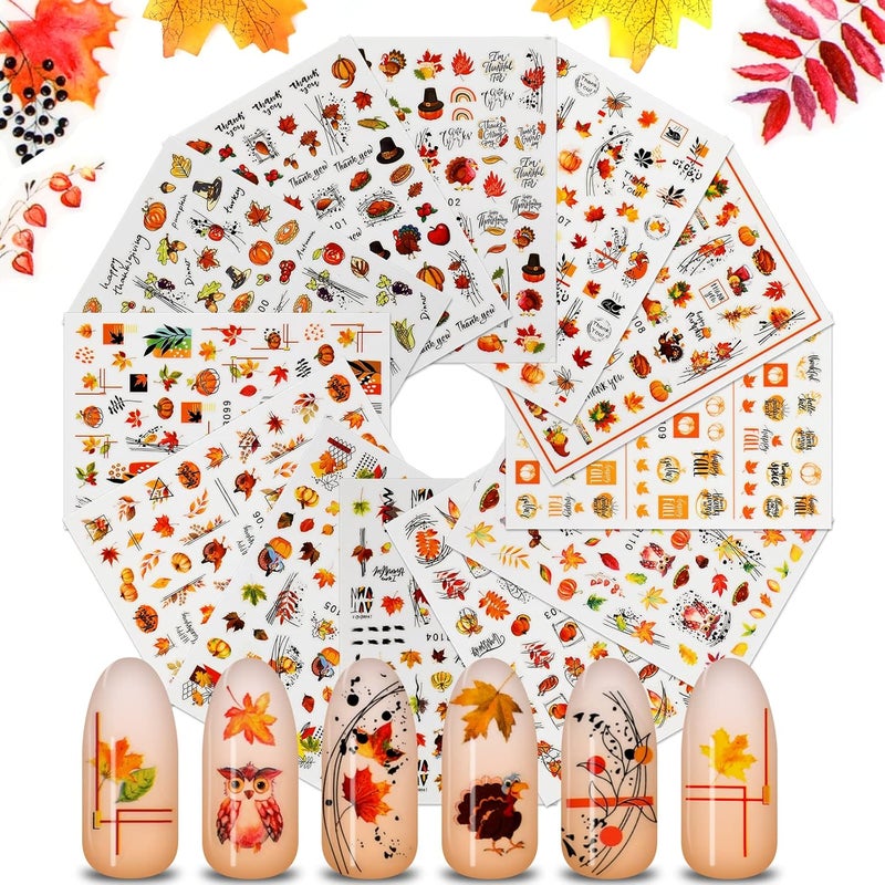 MWOOT 12 PCS Thanksgiving Nail Art Stickers 3D SelfAdhesive Nail Art Stickers Maple Leaf Pumpkin Fall DIY Nail Decals Stickers Autumn Manicure Tips Nail Decoration for Women Girls