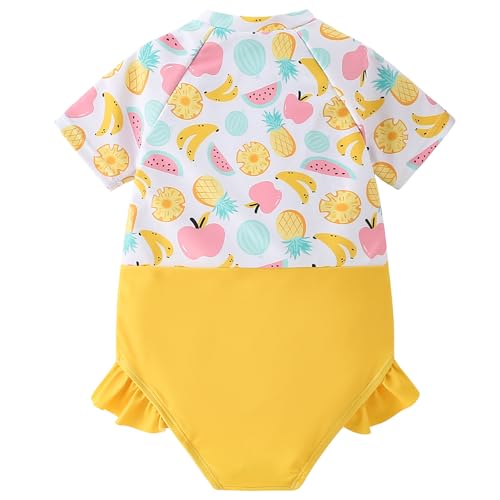 AMIYAN Girls Short Sleeve Swimsuits One Piece Rash Guard Bathing Suit UPF50+ Toddler Kids Zipper Swimwear Yellow Fruit 100 18-24M - Image 2