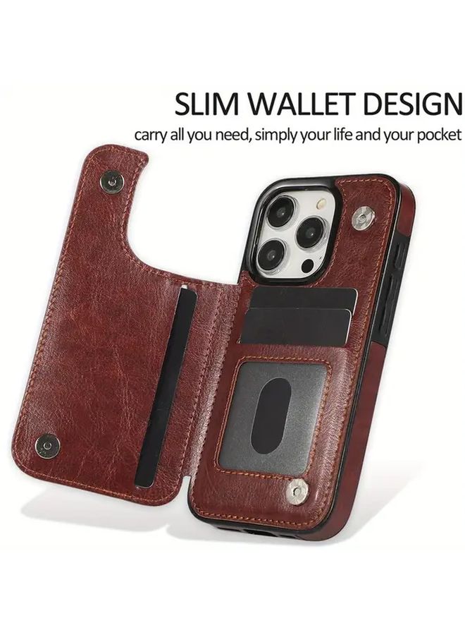 Brown Leather Wallet Phone Case with Card Slot and Stand for iPhone 15 - Image 3