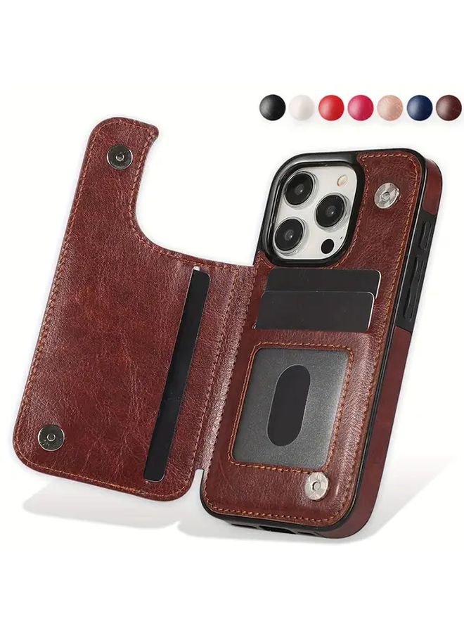 Brown Leather Wallet Phone Case with Card Slot and Stand for iPhone 15 - Image 1