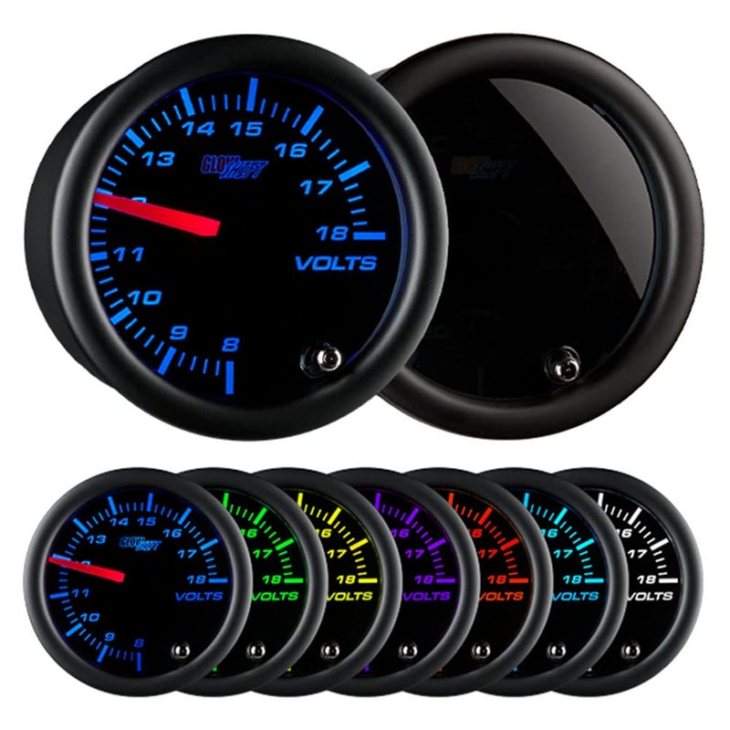 GlowShift Tinted 7 Color Volt Voltmeter Gauge Voltage Range 818 Volts Includes Wiring MultiColor Display Black Dial Smoked Lens 2116 52mm