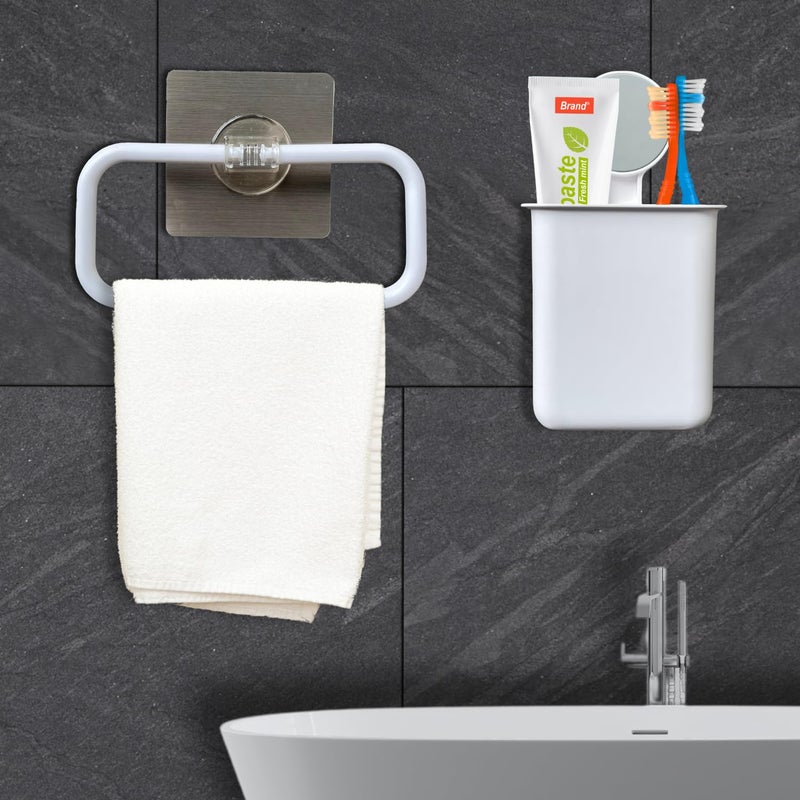 BESTZONE RETAIL MALL BESTZONE RETAIL MALL Plastic Wall Mounted Self Adhesive Toothbrush Holder, Toothpaste,Shaver,Razor & Make Up Brush Holder with Self-Adhesive Square Plastic Towel Hanging Ring for Bathroom and Kitchen  - Image 1