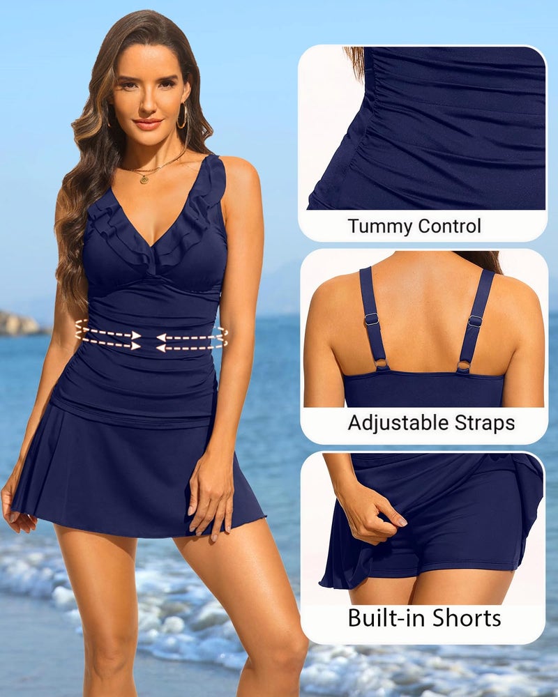 Aqua Eve Women Tankini with Skirt - Tummy Control Swimsuit Two Piece Bathing Suit Ruffle Swimwear Ladies Swim Suit Navy Blue L - Image 4