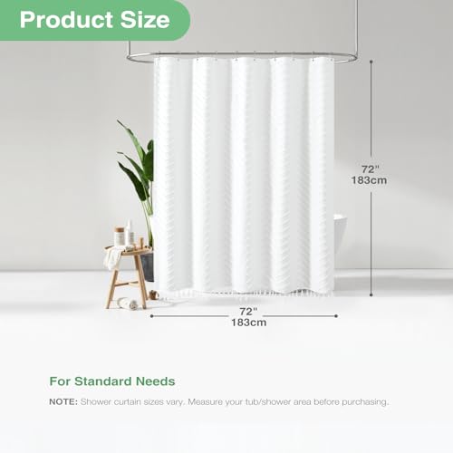 Dynamene Boho Farmhouse Shower Curtain, White Fabric Tufted Chevron Striped Textured Tassel Shower Curtains for Bathroom, Water Repellent, Minimalist Ruffled Cloth Shower Curtain Set with Hook, 72x72 - Image 4