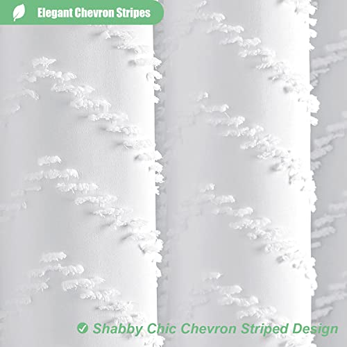 Dynamene Boho Farmhouse Shower Curtain, White Fabric Tufted Chevron Striped Textured Tassel Shower Curtains for Bathroom, Water Repellent, Minimalist Ruffled Cloth Shower Curtain Set with Hook, 72x72 - Image 3