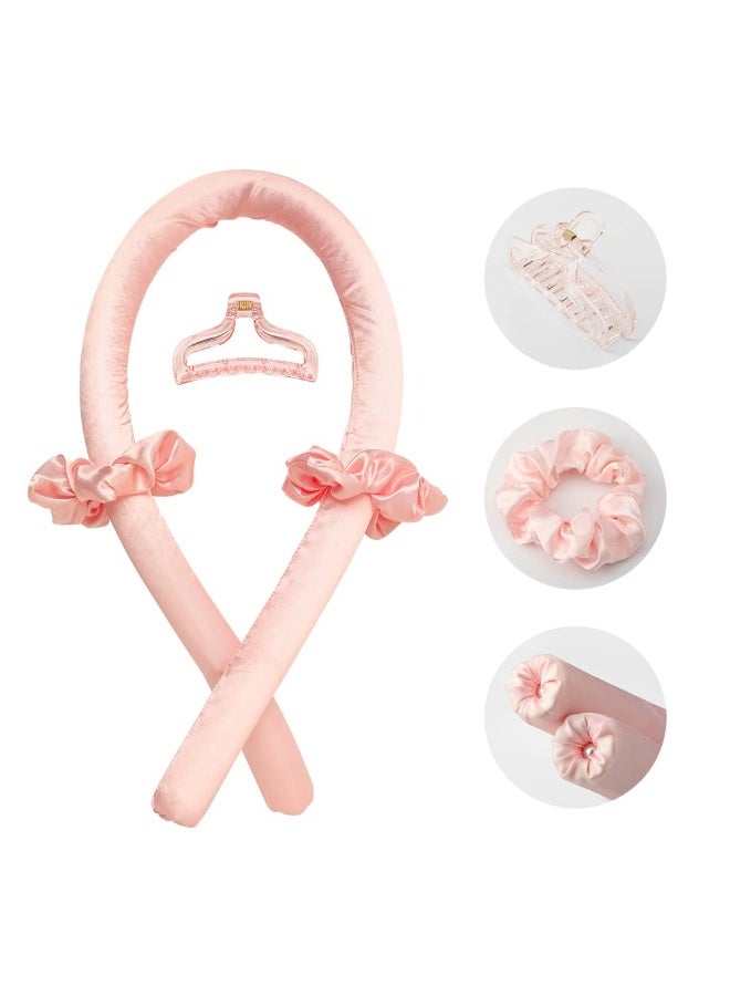4 Piece Heatless Curling Rod Headband No Heat Silk Ribbon Curling Rod Hair Roller Curls with Hair Claw Clip Lazy Natural Soft Wave DIY Hair Rollers Styling Tool for Sleep in Overnight (Pink) - Image 1