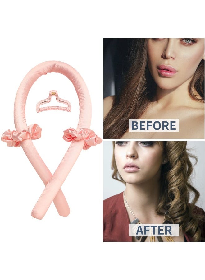 4 Piece Heatless Curling Rod Headband No Heat Silk Ribbon Curling Rod Hair Roller Curls with Hair Claw Clip Lazy Natural Soft Wave DIY Hair Rollers Styling Tool for Sleep in Overnight (Pink) - Image 2