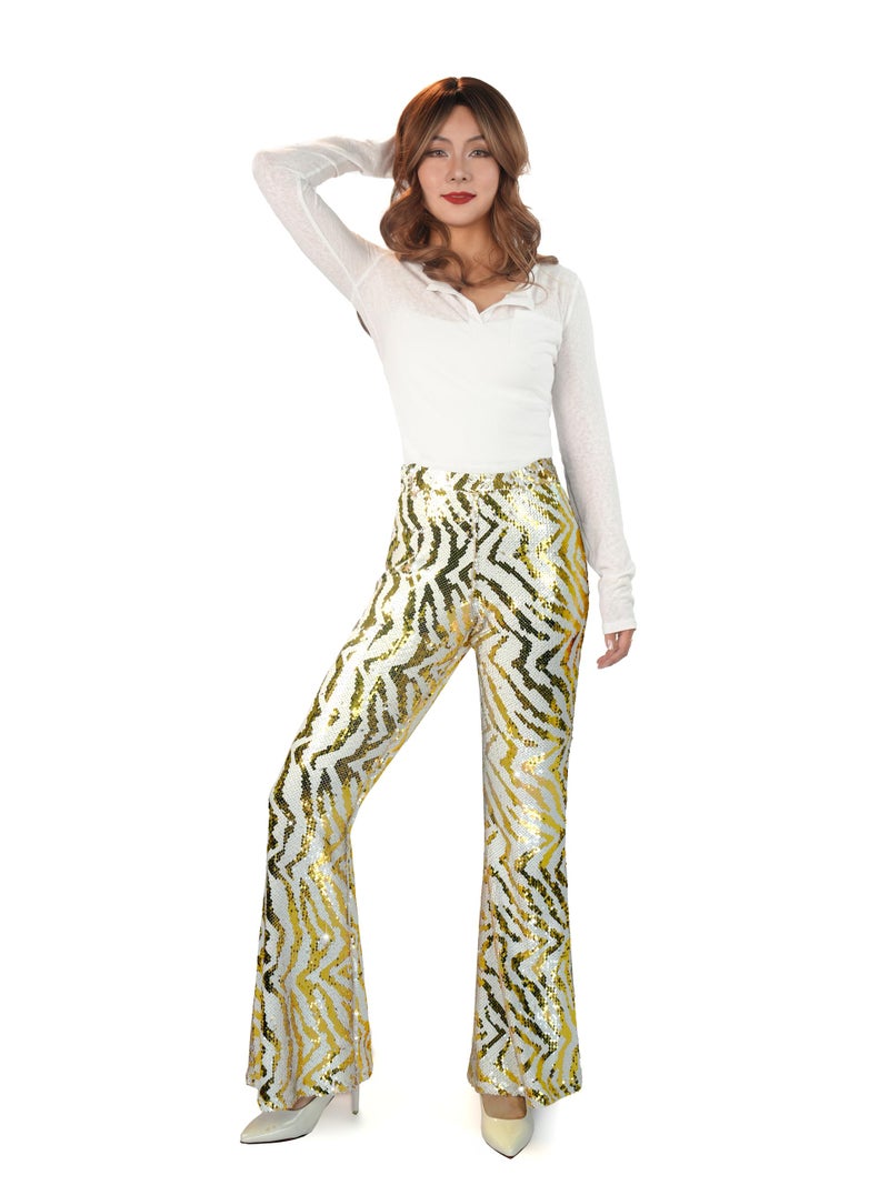 Nawgut Sequin Flare Pants Sparkly Glitter High Waisted Bell Bottom Trousers Disco Party Clubwear for Women-Large White Gold - Image 3