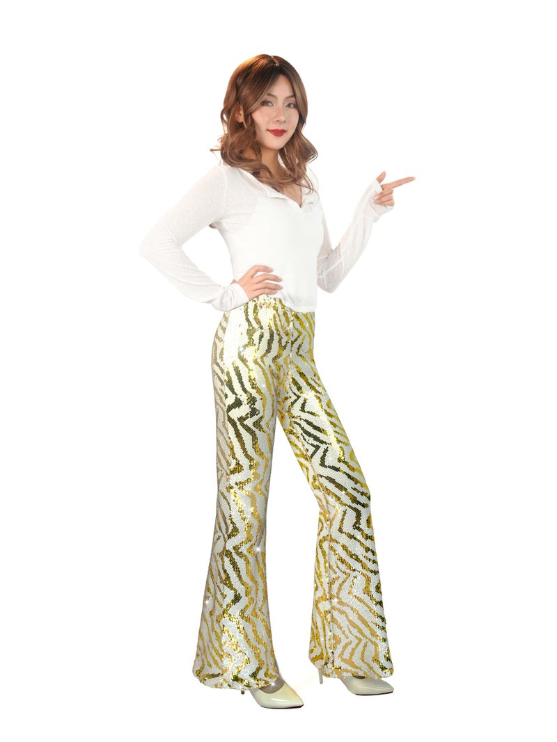 Nawgut Sequin Flare Pants Sparkly Glitter High Waisted Bell Bottom Trousers Disco Party Clubwear for Women-Large White Gold - Image 4