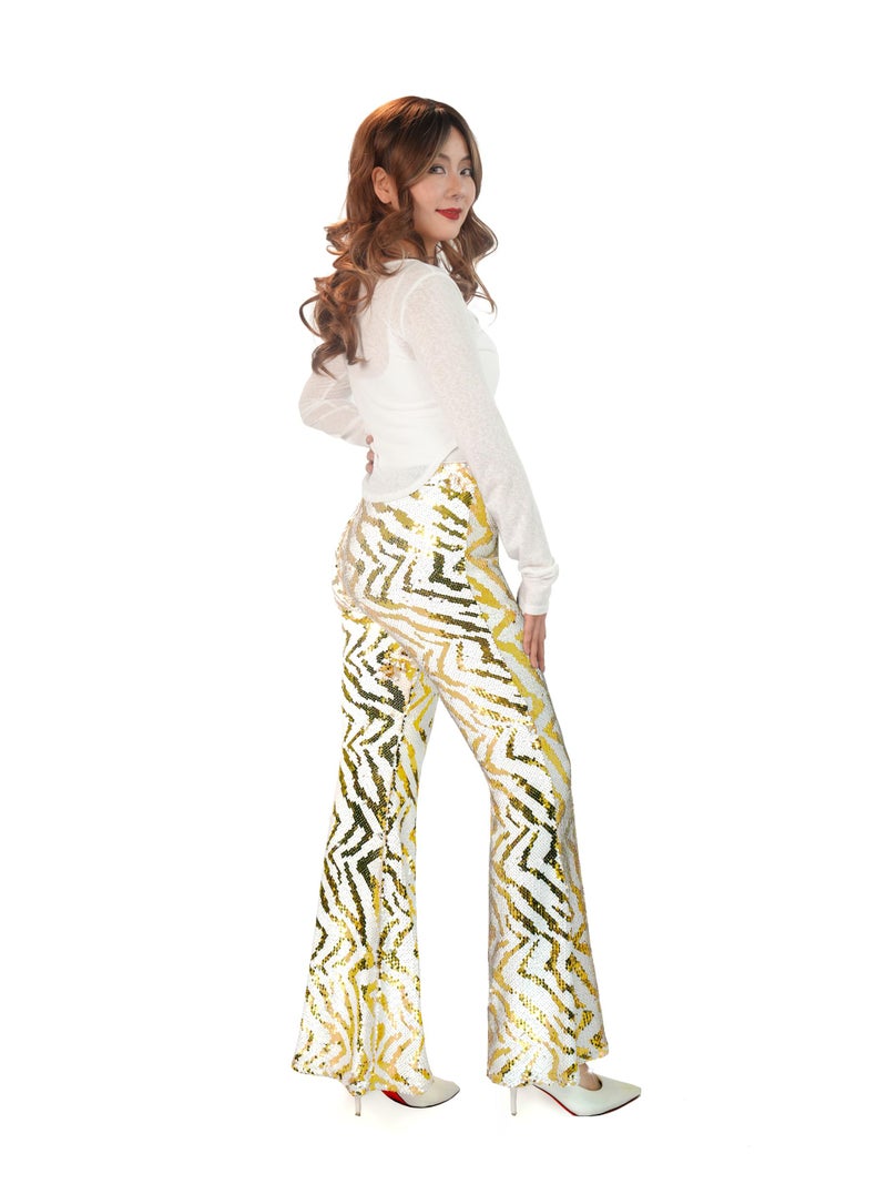 Nawgut Sequin Flare Pants Sparkly Glitter High Waisted Bell Bottom Trousers Disco Party Clubwear for Women-Large White Gold - Image 2