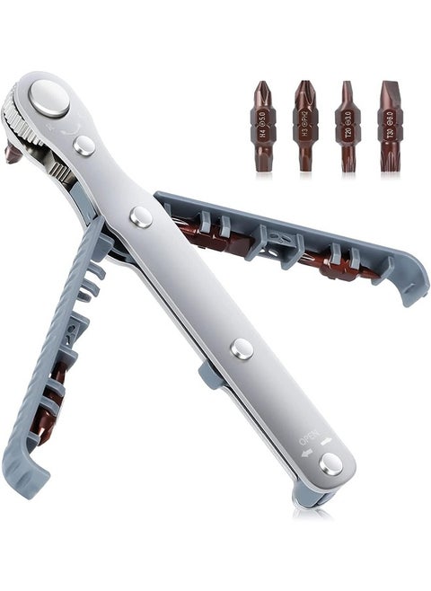 Mini Ratchet Screwdriver Set, 90 Degree Offset Screwdriver High Torque Low Profile Ratchet Angled Screwdriver High Torque Right Angle EDC Tool with 4 Multifunctional Drill Bits(1/4-Inch)