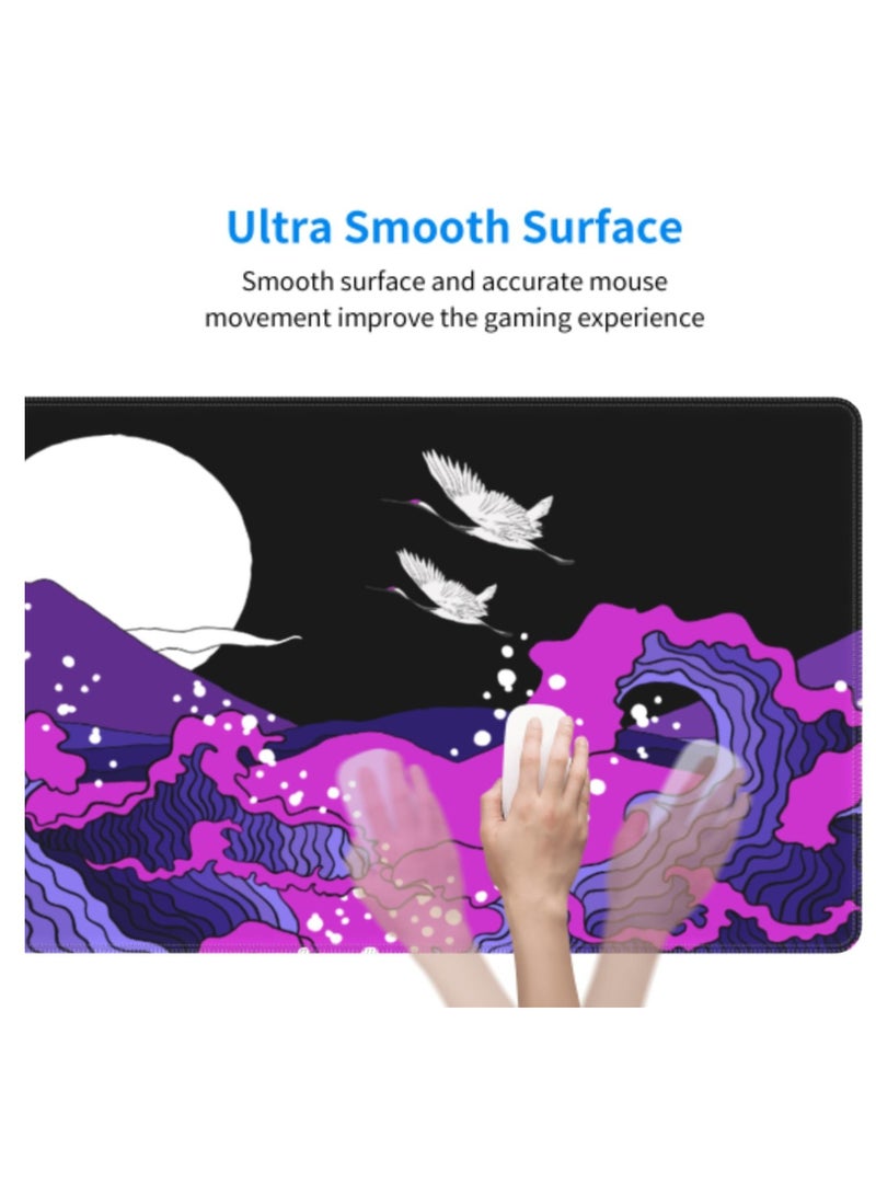 Excefore Japanese Balck Blue Purple Wave Gaming Mouse Pad, 31.5 X 11.8 Inch XL Cool Style Art Design Print Big Mousepad Extended Large Laptop Keyboard Non-Slip Rubber Base with Stitched Edges for Home Office  - Image 5
