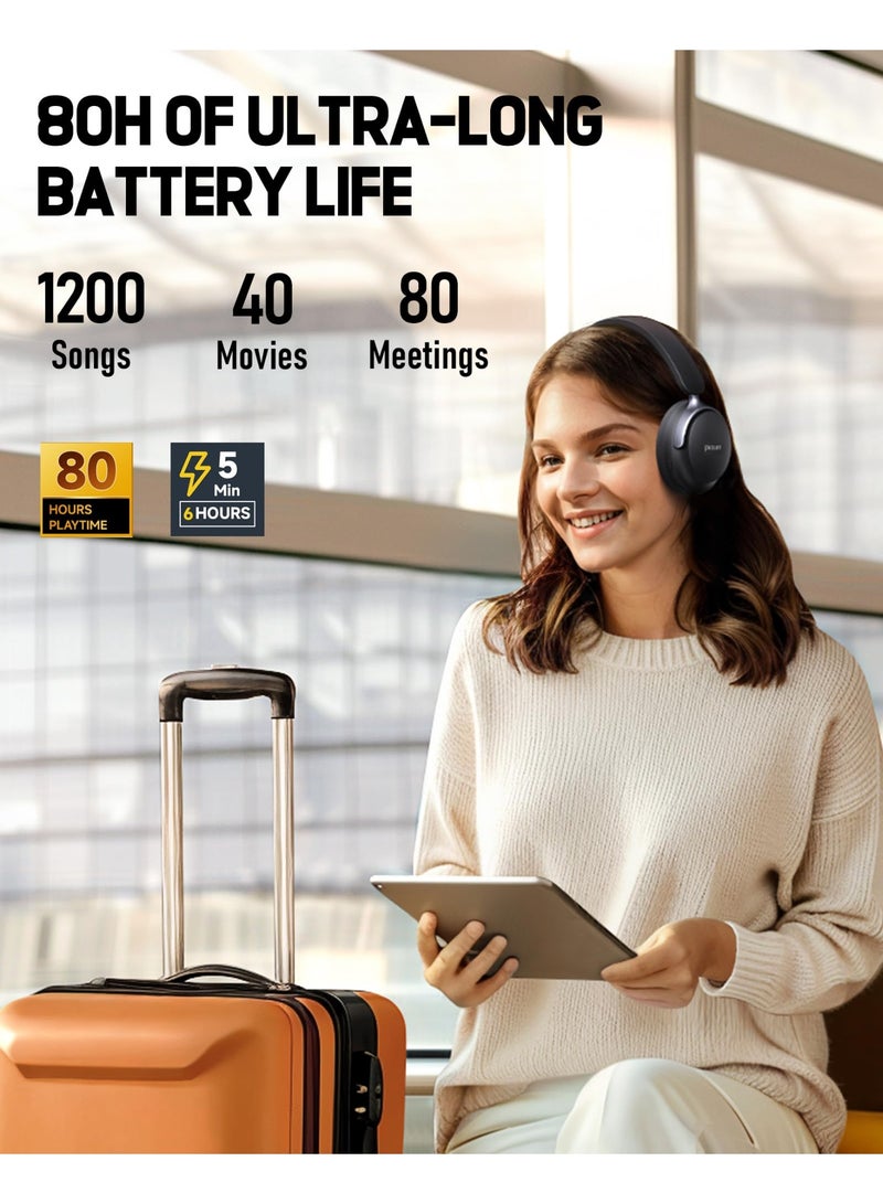 Picun NC60 Hybrid Active Noise Cancelling Headphones, Foldable Wireless Over Ear Bluetooth 5.4 Headphones, 80H Playtime, Stereo Bass, Custom EQ via App for Travel Home  - Image 3
