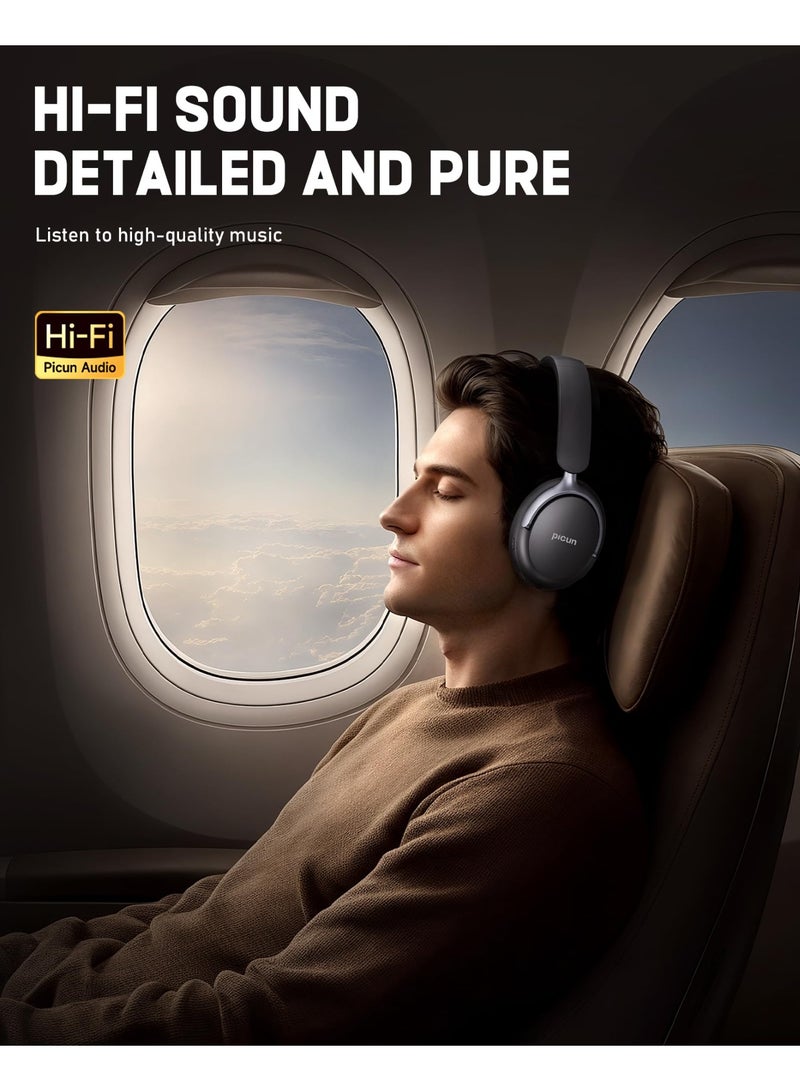 Picun NC60 Hybrid Active Noise Cancelling Headphones, Foldable Wireless Over Ear Bluetooth 5.4 Headphones, 80H Playtime, Stereo Bass, Custom EQ via App for Travel Home  - Image 4