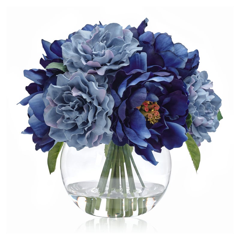 WELL KNOWN Artificial Flowers in Vase, Silk Blue Peonies for Vase with Faux Water, Fake Flower Arrangements for Winter Spring Home Coffee Dining Table Decor Wedding Centerpieces & Christmas Mom's Gift - Image 1