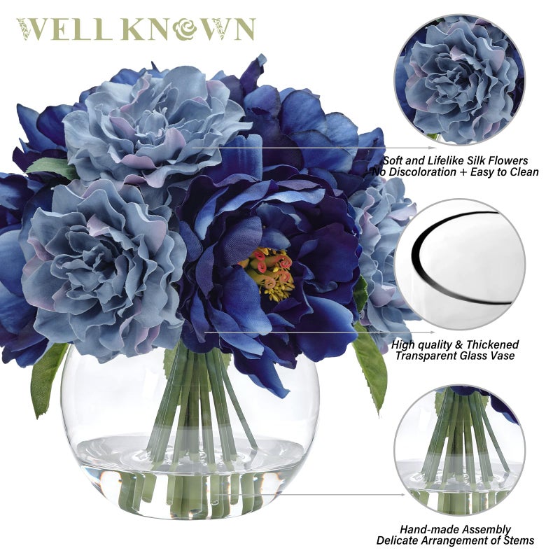 WELL KNOWN Artificial Flowers in Vase, Silk Blue Peonies for Vase with Faux Water, Fake Flower Arrangements for Winter Spring Home Coffee Dining Table Decor Wedding Centerpieces & Christmas Mom's Gift - Image 4